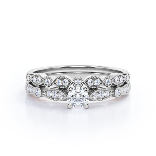 Cathedral setting  0.75 carat Round cut Moissanite and diamond art deco inspired wedding ring set for women in White gold