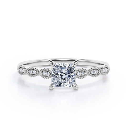 Claw prong setting 1.15 carat Princess cut Moissanite and diamond bead décor engagement ring in White gold