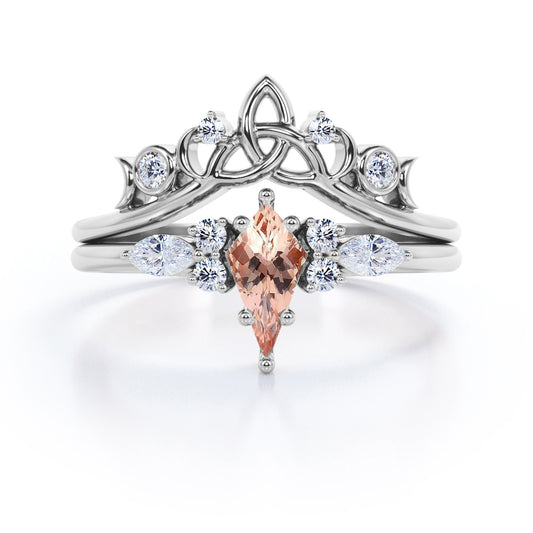 Triad Crown style 1.25 carat Kite shaped Morganite and diamond 6 prong setting wedding ring set in White gold