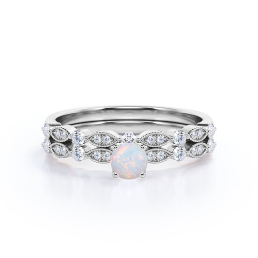 Magnificent Milgrain 1.25 carat Round cut Opal and diamond art deco wedding ring set for women in White gold