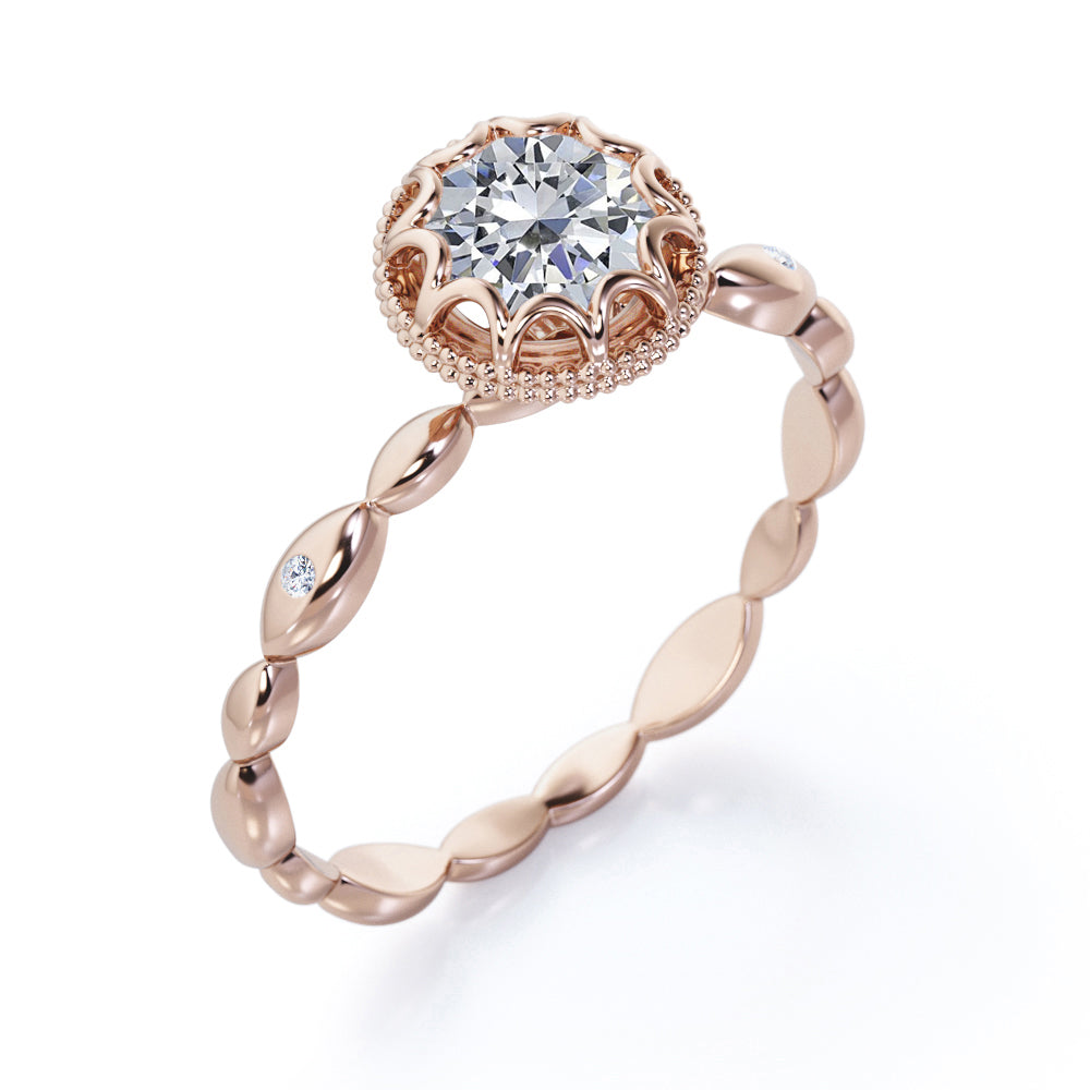 Hidden Halo 1 carat Round cut Moissanite scalloped engagement ring in Rose gold