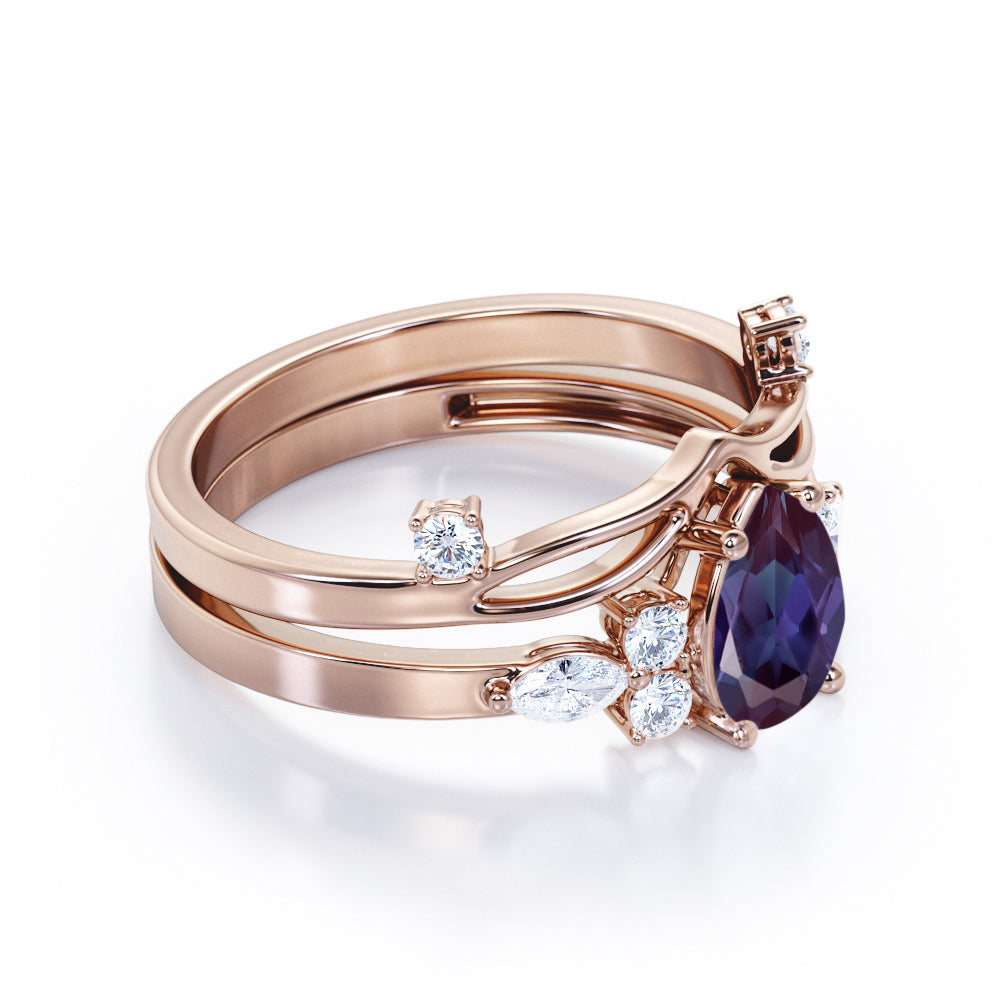 Crown inspired 1.15 carat Pear shaped Synthetic Alexandrite and diamond split shank setting-chevron wedding ring set in Rose gold