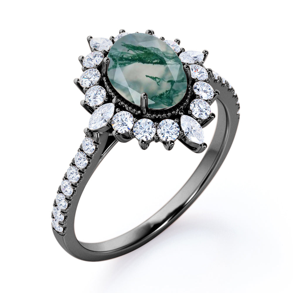Milgrain Cluster 1.5 carat Oval cut Moss Green Agate and diamond snowflake halo engagement ring in Black gold