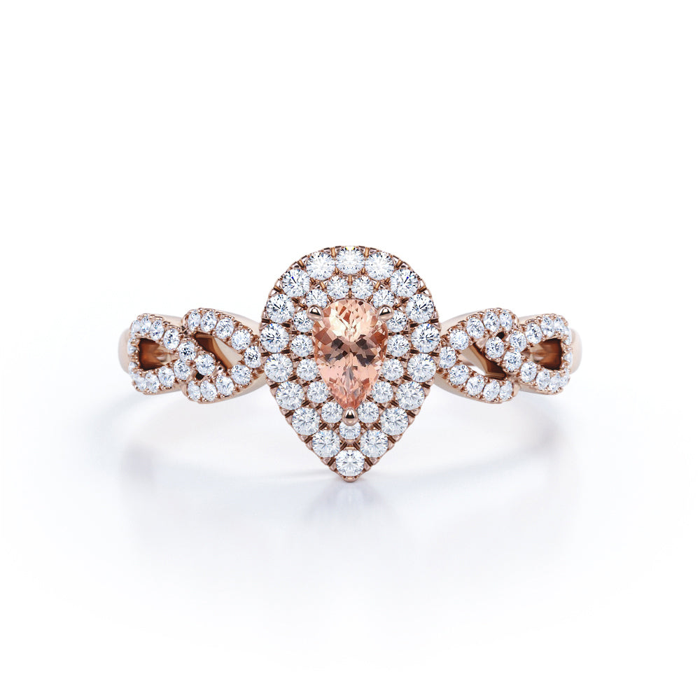 1.5 carat Pear cut Peach Morganite and diamond twisted double halo engagement ring in Rose gold