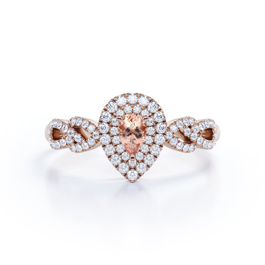 1.5 carat Pear cut Peach Morganite and diamond twisted double halo engagement ring in Rose gold