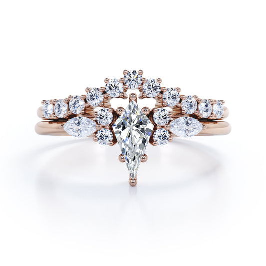 Prong style 1.40 carat Kite shaped Moissanite and diamond vintage inspired Bridal set in Rose gold