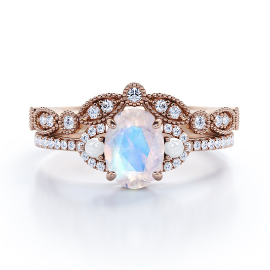 Chevron Milgrain 1.75 carat Oval cut Blue Moonstone, diamond and freshwater pearl wedding ring set for women in Rose gold