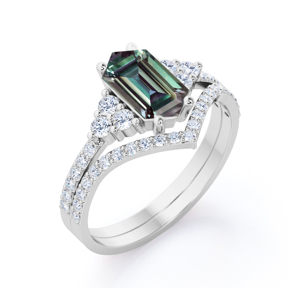 Pave Chevron 1.7 carat Hexagon shaped Lab made Alexandrite and diamond wedding ring set for her in White gold