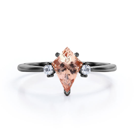 Unique three stone 1.1 carat Kite cut Morganite and diamond past, present, future engagement ring in Black gold
