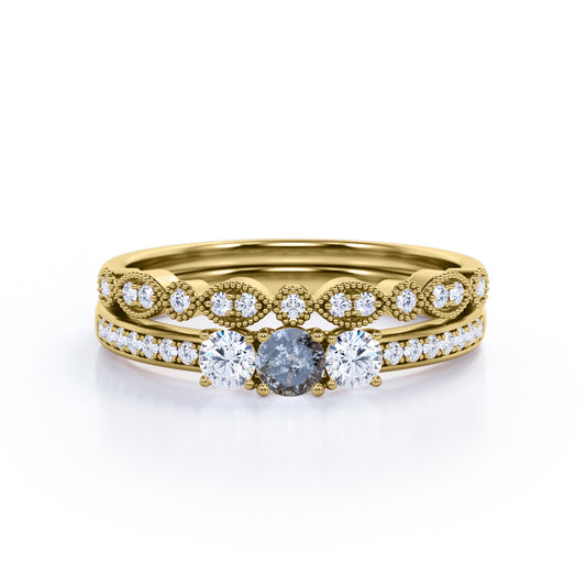 Channel trinity 0.8 carat Round cut Salt and pepper diamond and white diamond bridal wedding ring set in Yellow gold