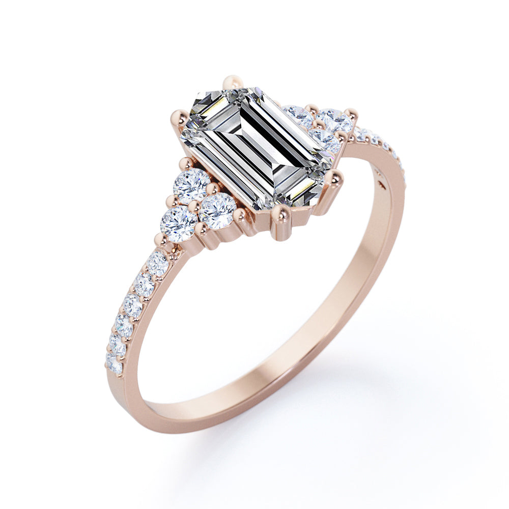 Elegant Pave set 1.25 carat Hexagon shaped Moissanite and diamond eternity style engagement ring in Rose gold