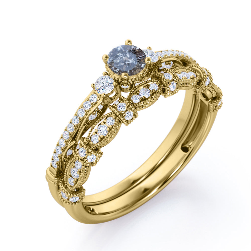 Milgrain Pave 0.9 carat Round cut Salt and pepper diamond and White diamond Victorian inspired bridal set in yellow gold