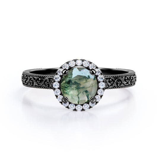 1.25 carat Round cut Moss Agate and diamond Edwardian filigree and halo engagement ring in Black gold