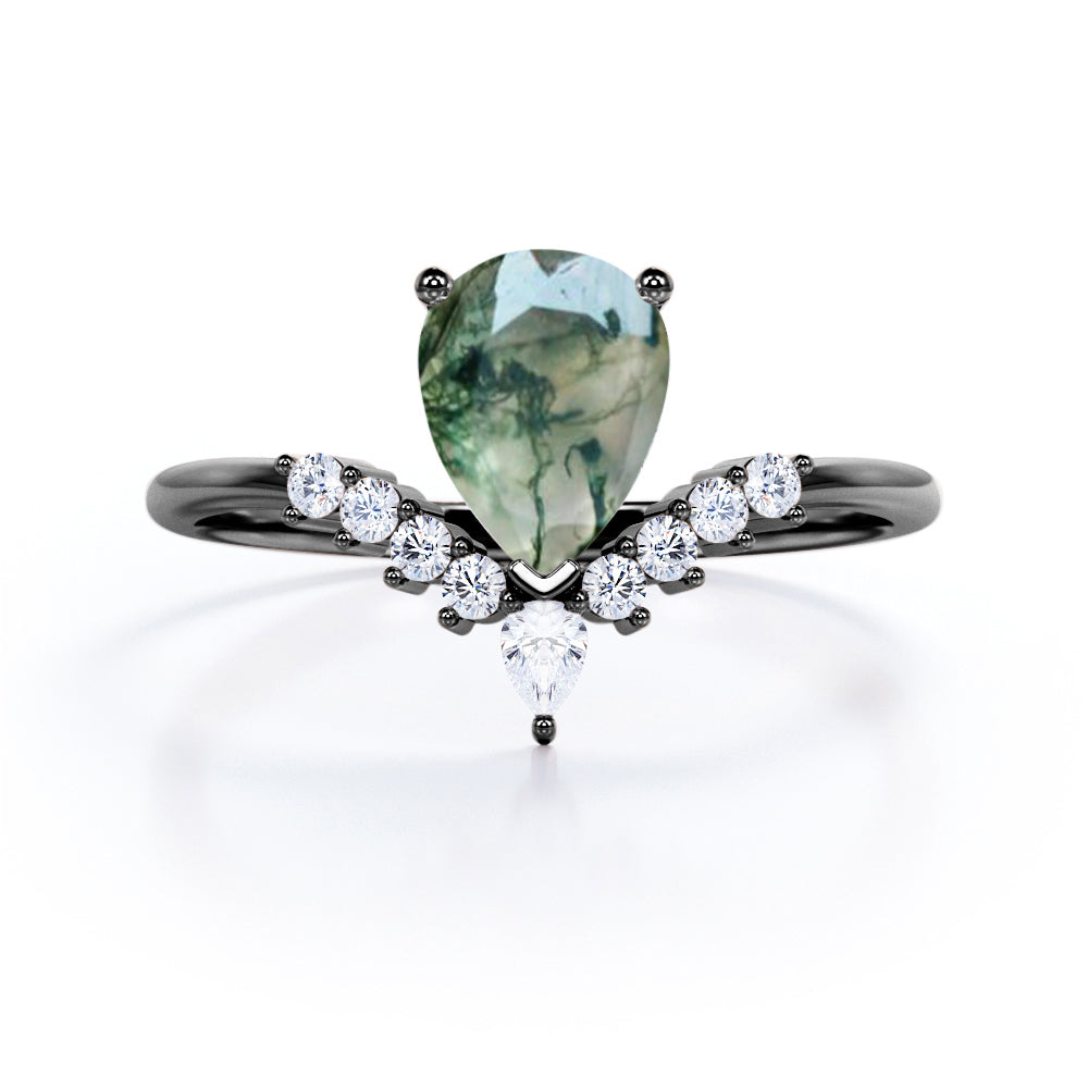 Art deco V-shaped 1.15 carat tear drop shaped Moss Agate and diamond tiara inspired promise ring in Black gold