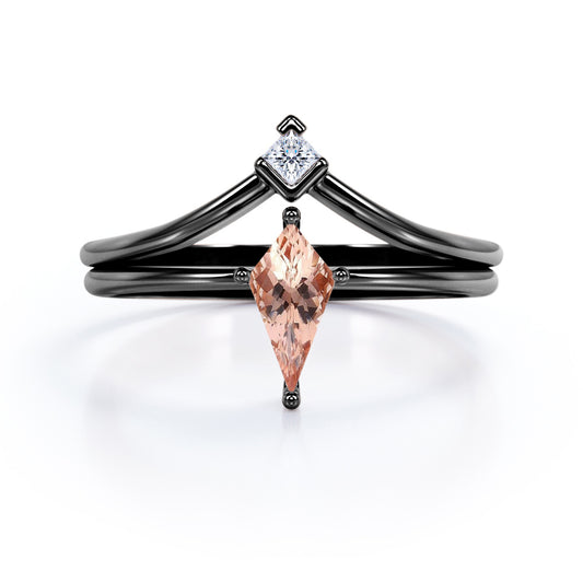 Double Layered 1 carat Kite shaped Morganite and diamond pointed chevron wedding ring set in Black gold