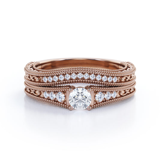 Contoured 0.8 carat Round cut Moissanite and diamond vintage filigree wedding ring set in rose gold