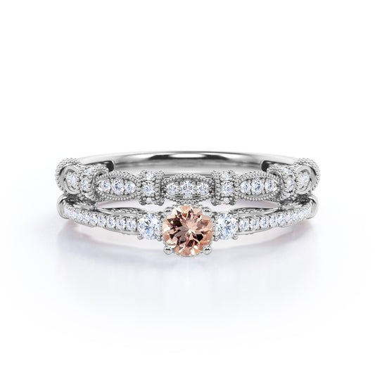 Artistic 1 carat Round cut Pink Morganite and diamond engraved art deco inspired wedding ring set in White gold