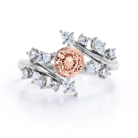 Open setting 1.25 carat Round cut Morganite and diamond floral inspired engagement ring in White gold