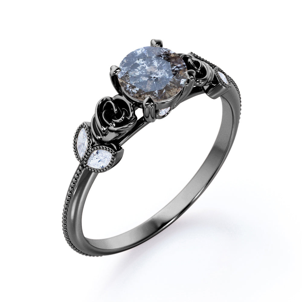 Vintage Flower 0.6 carat Round cut Salt and pepper diamond and White diamond marquise milgrain engagement ring in Black gold