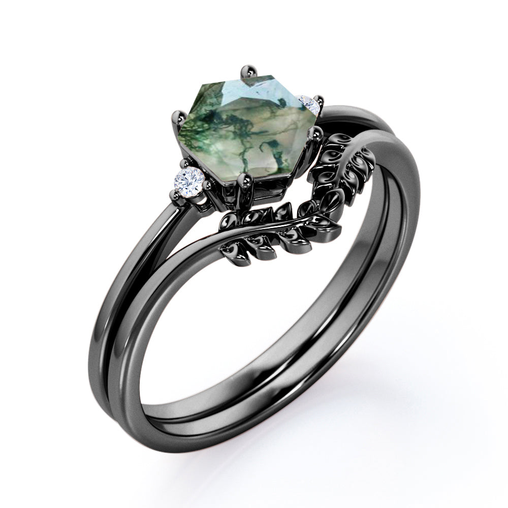 Earthy Three stone 0.55 carat Hexagon shaped Moss Green Agate and diamond antique style wedding ring set in Black gold