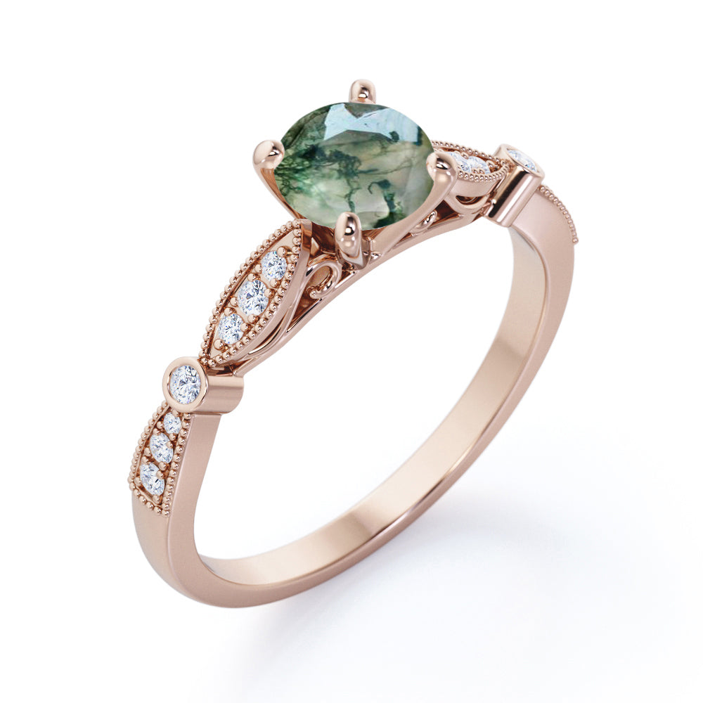 Art deco Cathedral 1.2 carat Round cut Moss Green Agate and diamond bead décor engagement ring in Rose gold