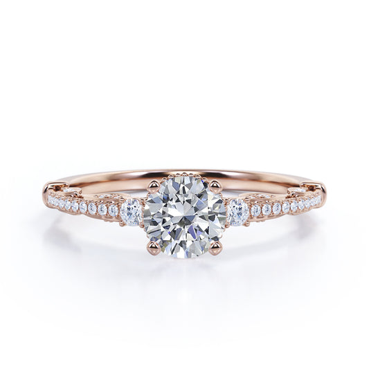 Triple stone 1.35 carat Round cut Moissanite and diamond art deco inspired engagement ring in Rose gold