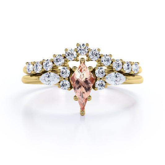 Garland Chevron 1.45 carat Kite shaped Peach Morganite and diamond 6 prong Bridal wedding ring set for women in Yellow gold