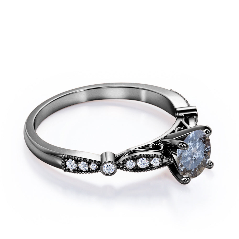 Royal Cathedral setting 0.75 carat Round cut Salt and pepper diamond and White diamond vintage engagement ring in Black gold