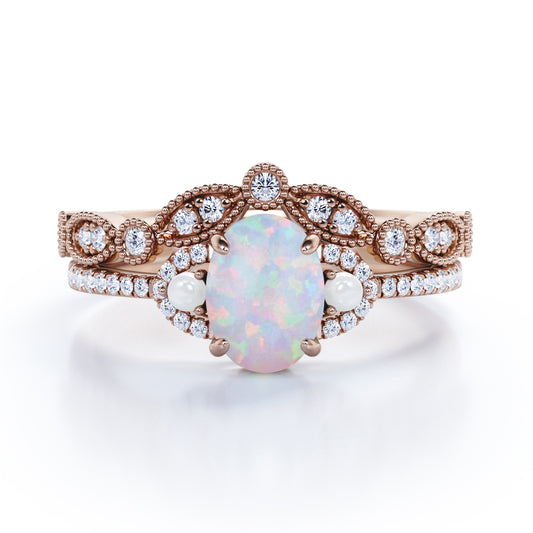 Milgrain border 1.75 carat Oval cut Opal, pearl and diamond vintage art deco Bridal set in Rose gold