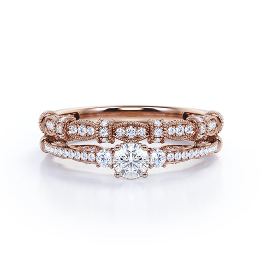 Classic three stone 1 carat Round cut Moissanite and diamond vintage milgrain wedding ring set in Rose gold