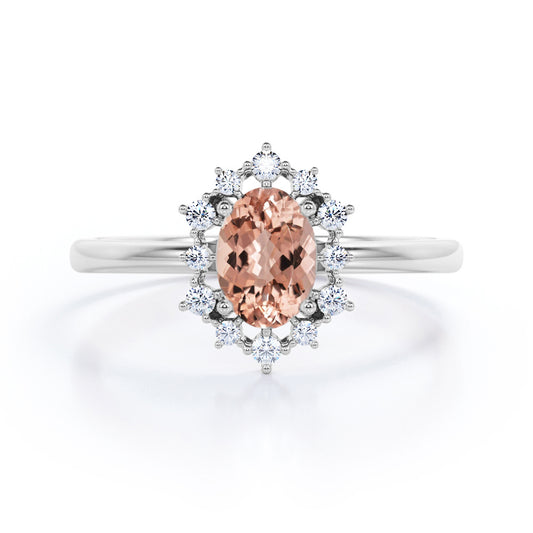 Snowflake Cluster 1.25 carat Oval Morganite and diamond prong style engagement ring in White gold