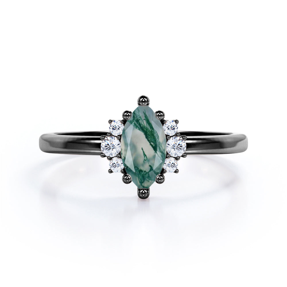 Floral 7 stones 1.25 carat Moss Agate and diamond engagement ring in Black gold
