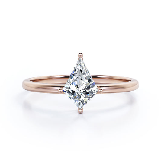 Modern 1 carat Kite shaped Moissanite prong style engagement ring in Rose gold
