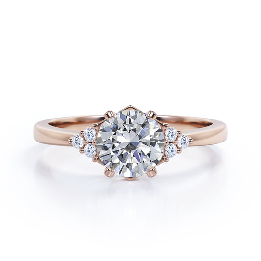 Classic 7 stone 1.1 carat Round cut Moissanite and diamond hexagon prong set engagement ring in rose gold