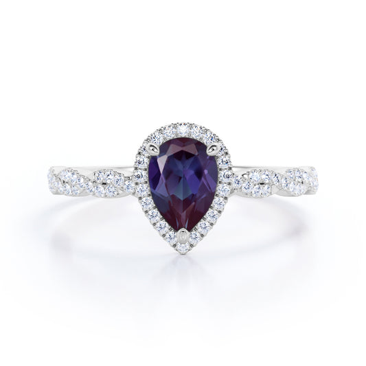 Classic Infinity 1.5 carat Pear shaped Lab made Alexandrite and diamond twisted halo engagement ring in White gold