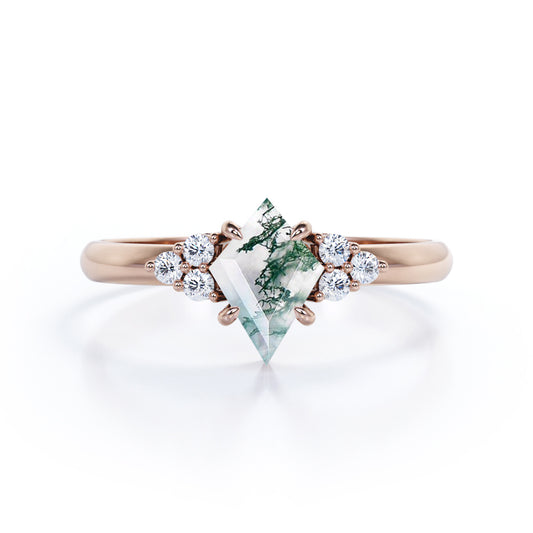 Exquisite Bezel 1.1 carat Kite shaped Moss Green Agate and diamond-claw prong setting-seven stone engagement ring in Rose gold