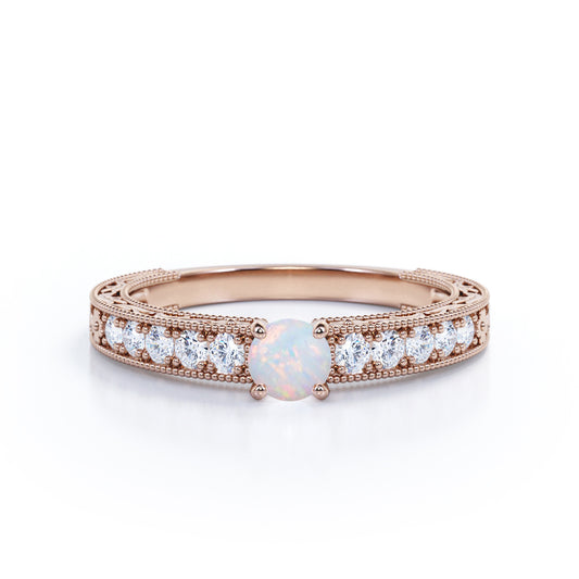 Bead Décor 0.6 carat Round cut Austrlian Opal and diamond channel set engagement ring for her in Rose gold
