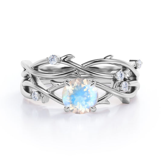 Eccentric nature inspired 1.15 carat Round cut Moonstone and diamond earthy Bridal set for women in White gold