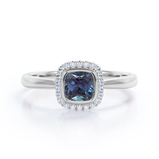 Vintage Floral 1.25 carat Cushion cut Lab made Alexandrite and diamond halo style engagement ring in White gold
