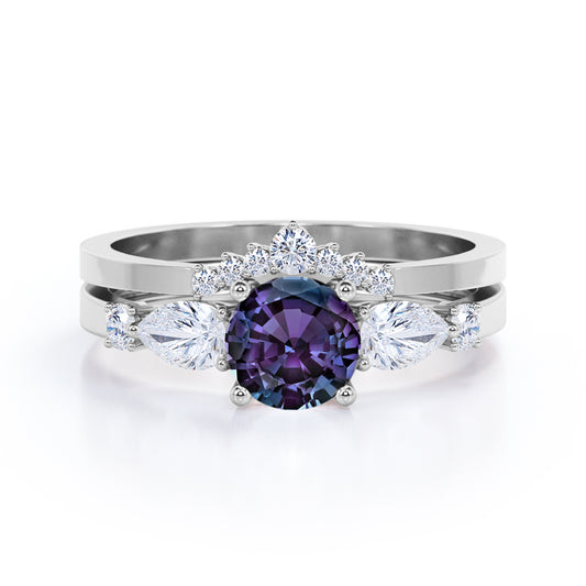Modern Chevron 0.75 carat Round cut Lab created Alexandrite and diamond crown inspired wedding ring set in White gold