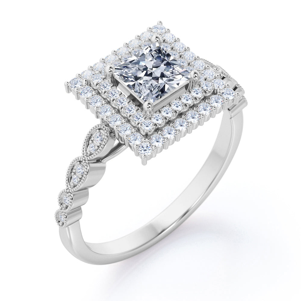 Antique inspired 1.75 carat Princess cut Moissanite and diamond double halo engagement ring in White gold