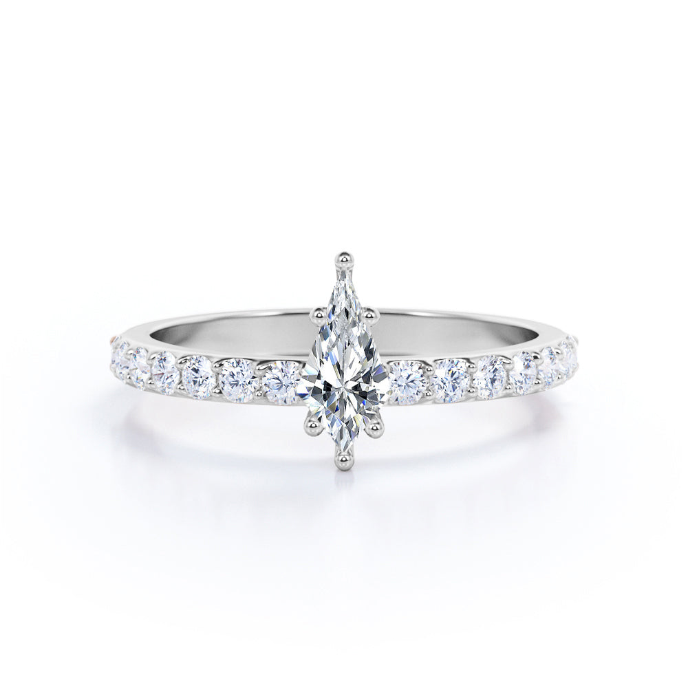 Minimalist 0.7 carat Kite shaped Moissanite and diamond 6 prong engagement ring in White gold