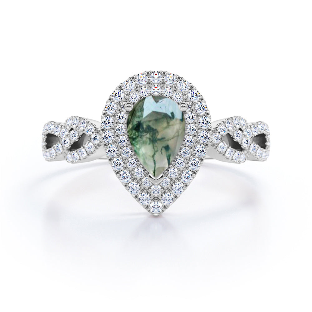 Floral infinity 1.7 carat Pear cut Moss Green Agate and diamond double halo engagement ring in White gold