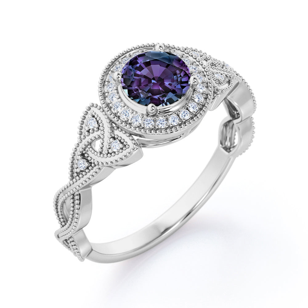 Exquisite halo 1.5 carat Round cut Lab made Alexandrite and diamond-floral patterns-engagement ring in White gold