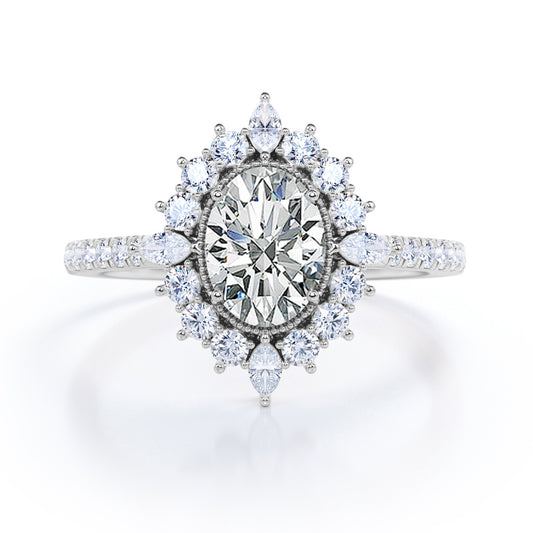 Vintage Cluster 1.3 carat Oval cut Moissanite and diamond halo style engagement ring in white gold