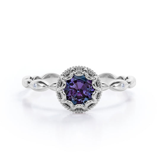 Vintage Scalloped 0.5 carat Round cut Synthetic Alexandrite and diamond milgrain halo engagement ring in White gold