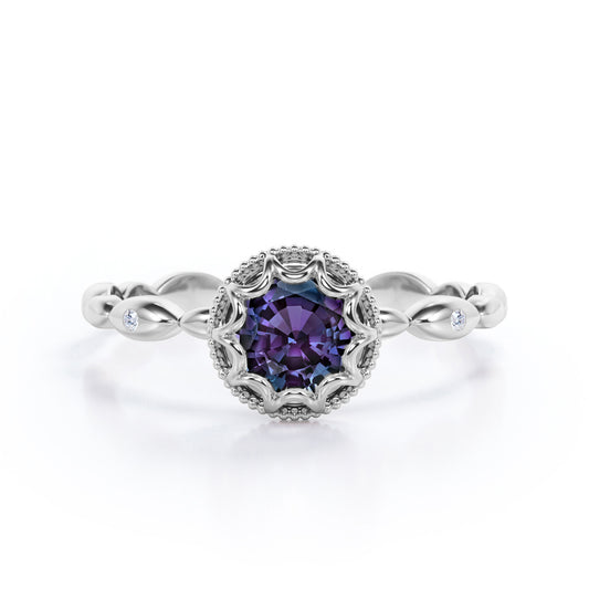Vintage Scalloped 0.5 carat Round cut Synthetic Alexandrite and diamond milgrain halo engagement ring in White gold