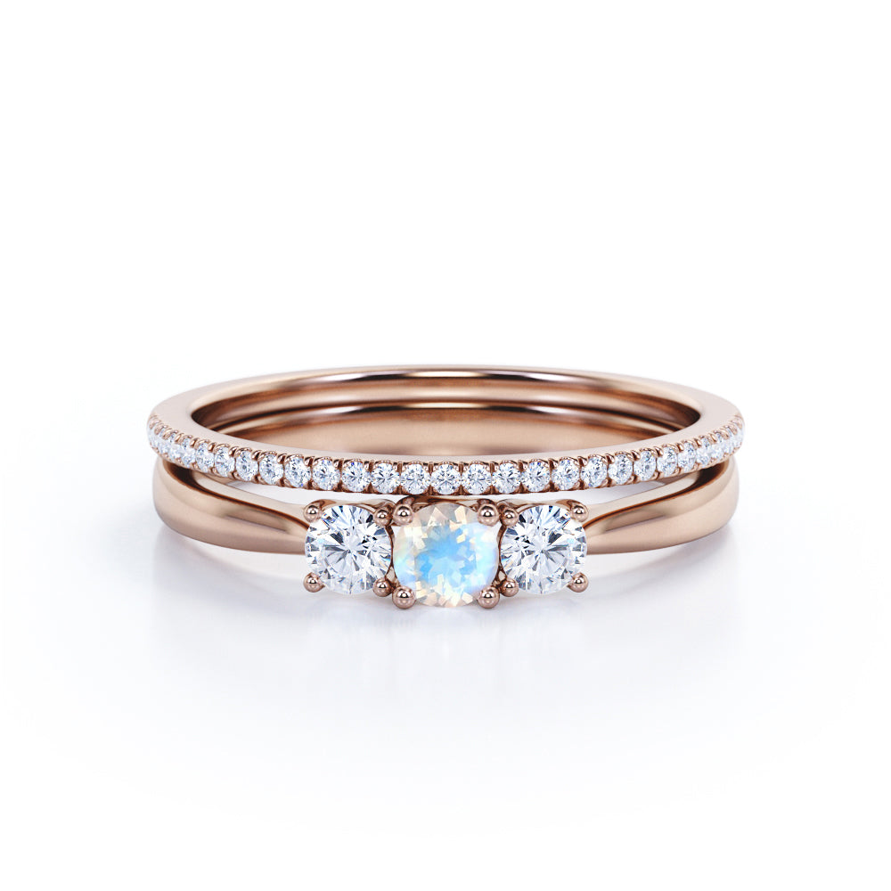 Elegant Trilogy 1.4 carat Round cut Rainbow Moonstone and diamond eternity wedding ring set for women in Rose gold