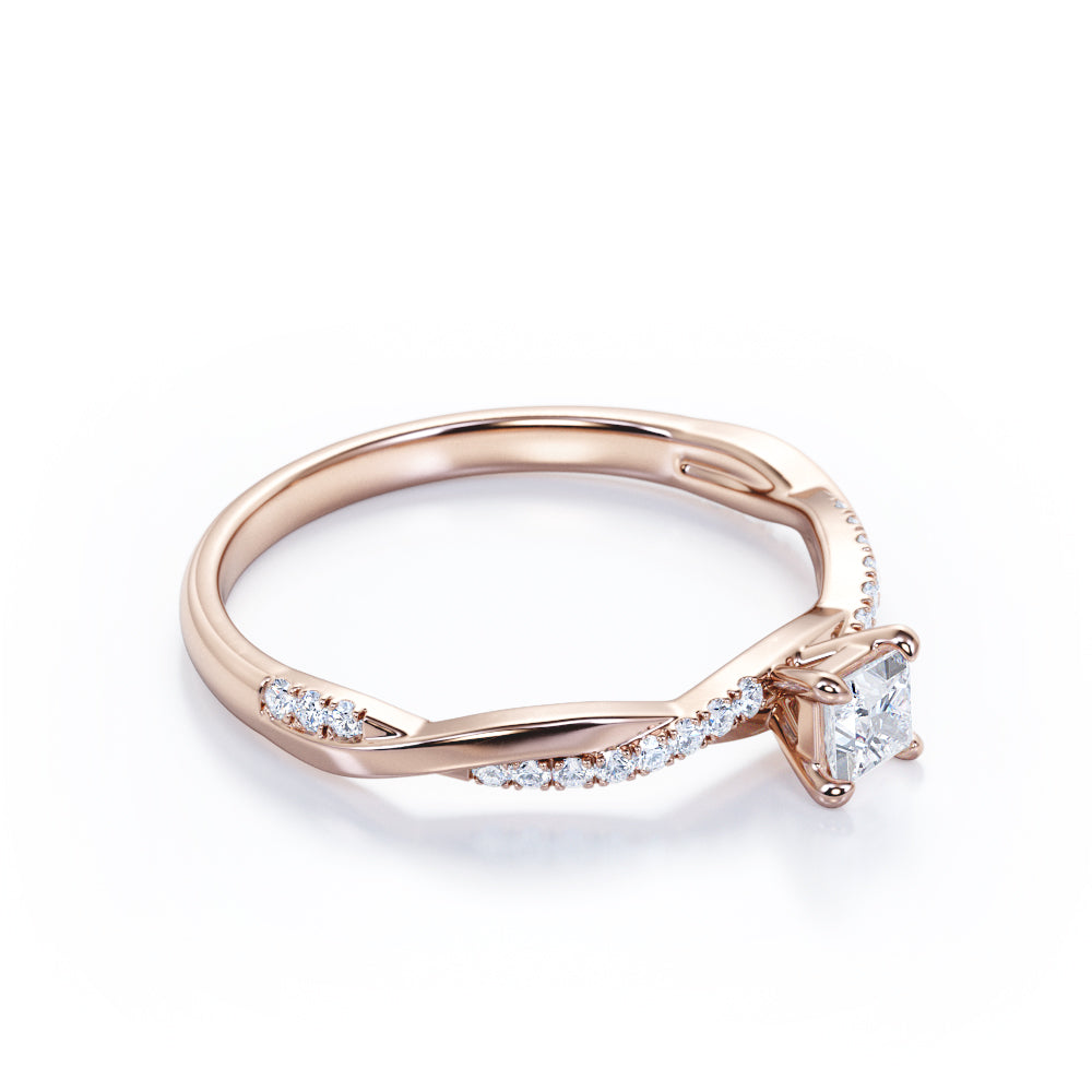 Delicate 0.7 carat Princess cut Moissanite and diamond twisted infinity engagement ring in Rose gold