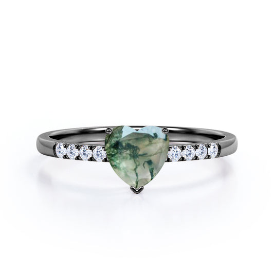 Vintage Pave 1.2 carat heart shaped Moss Green Agate and diamond eternity engagement ring in Black gold